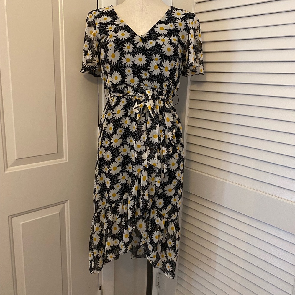 Rewind Daisy Print Black and White Wrap Dress- Size XS